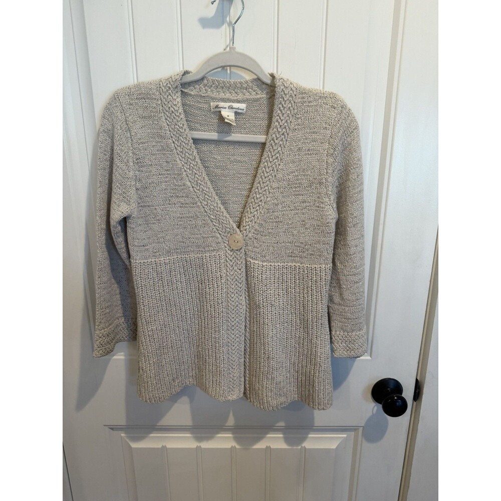 Marisa Christina Womens M Open Knit Cardigan Sweater Beige Single Button Cotton